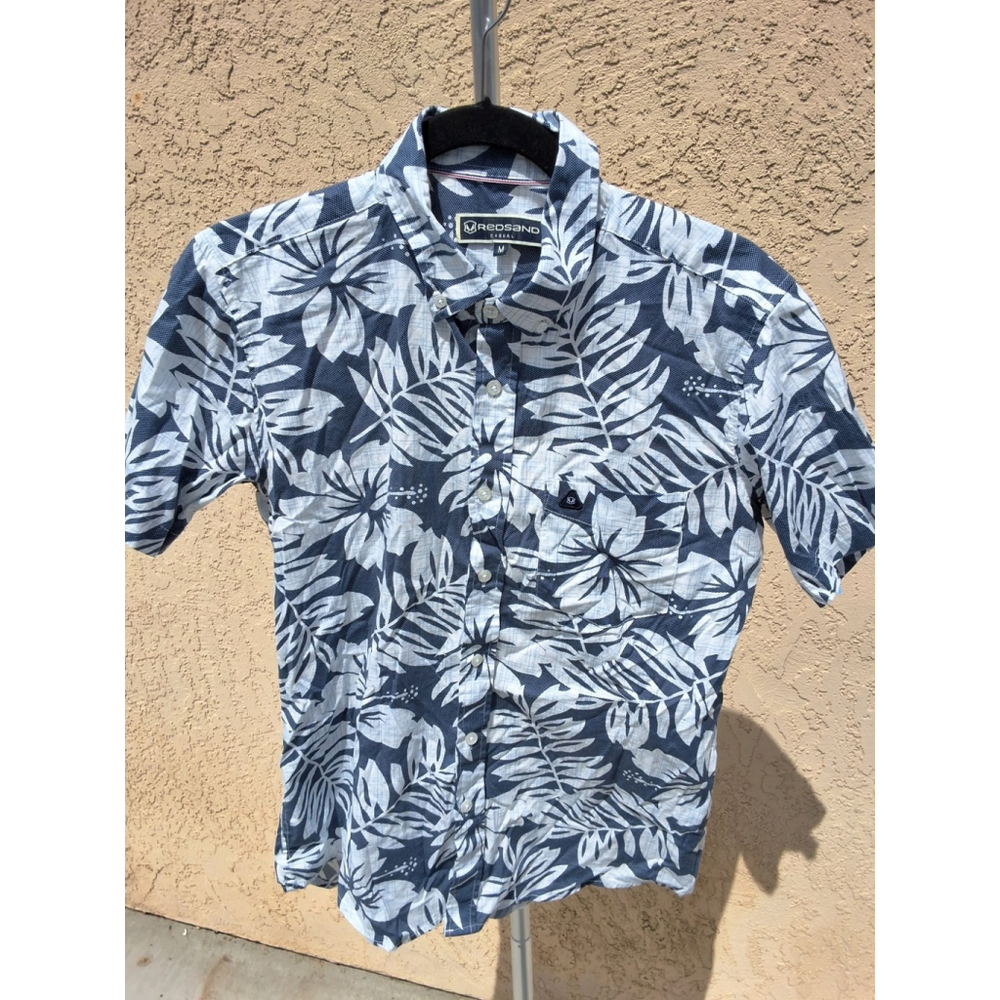 Navy and White Tropical Print Short-Sleeve Button-Down Shirt